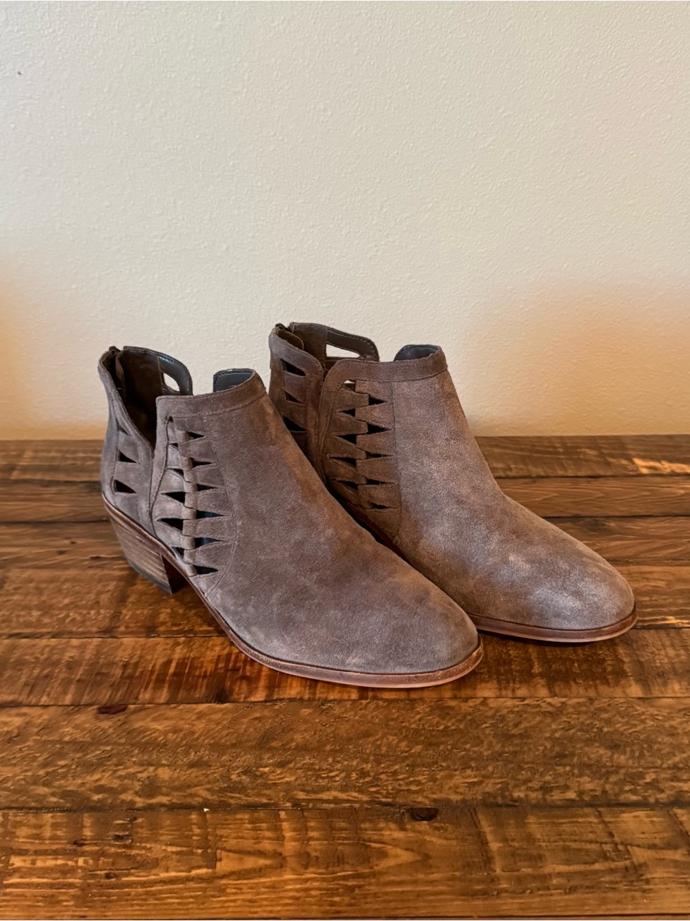 Vince Camuto Taupe Gray Suede Cutout Ankle Booties